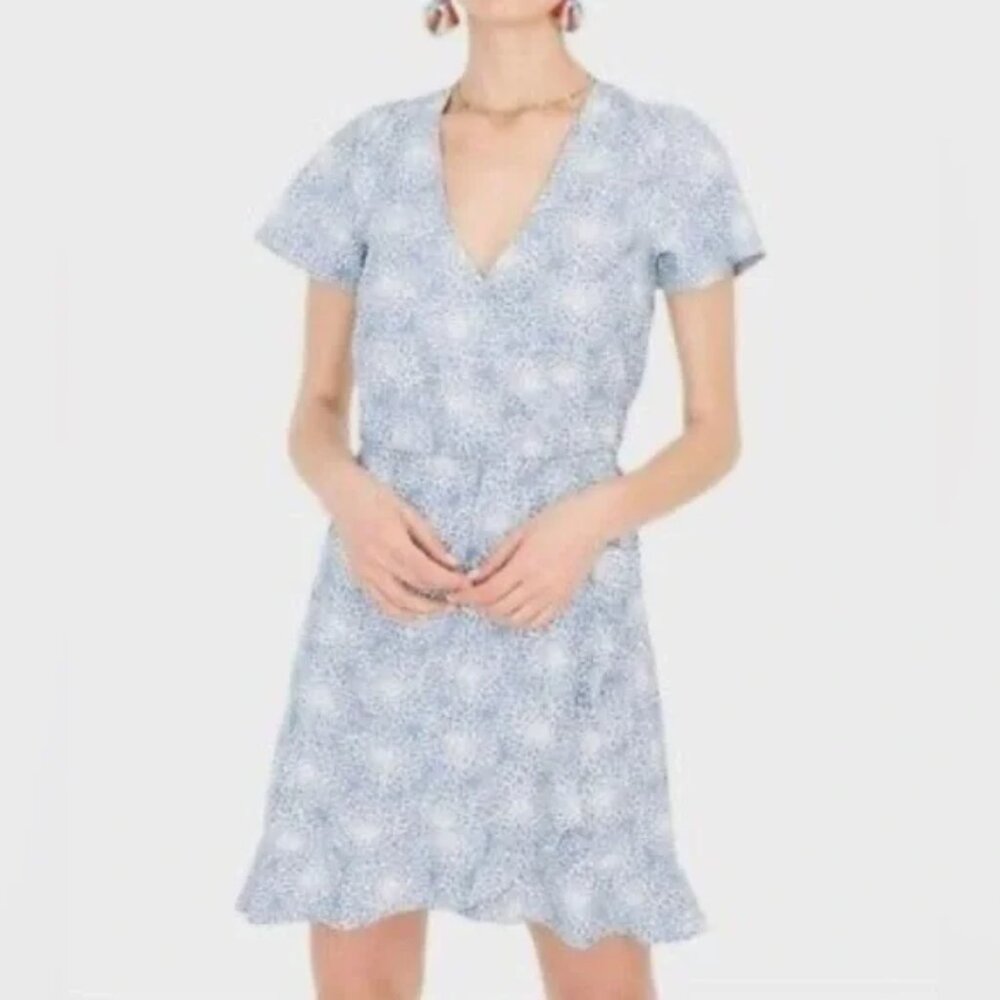 J. Crew Mercantile Blue & White Chambray Ruffle Faux Wrap Dress XXS